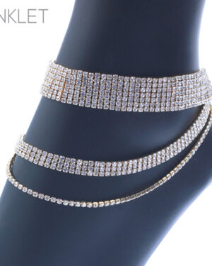 83783 - 3 Layer Rhinestone Anklet, 7/3/1 row, gold