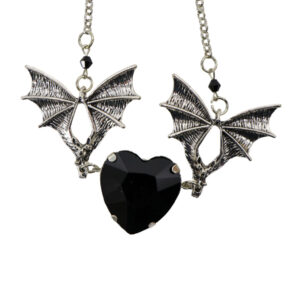 55474-BLK - Bat Necklace with Heart Stone-Black