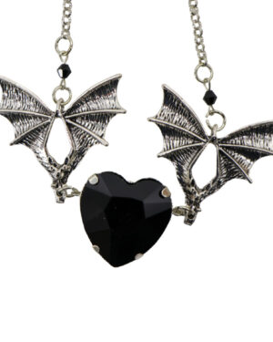 55474-BLK - Bat Necklace with Heart Stone-Black