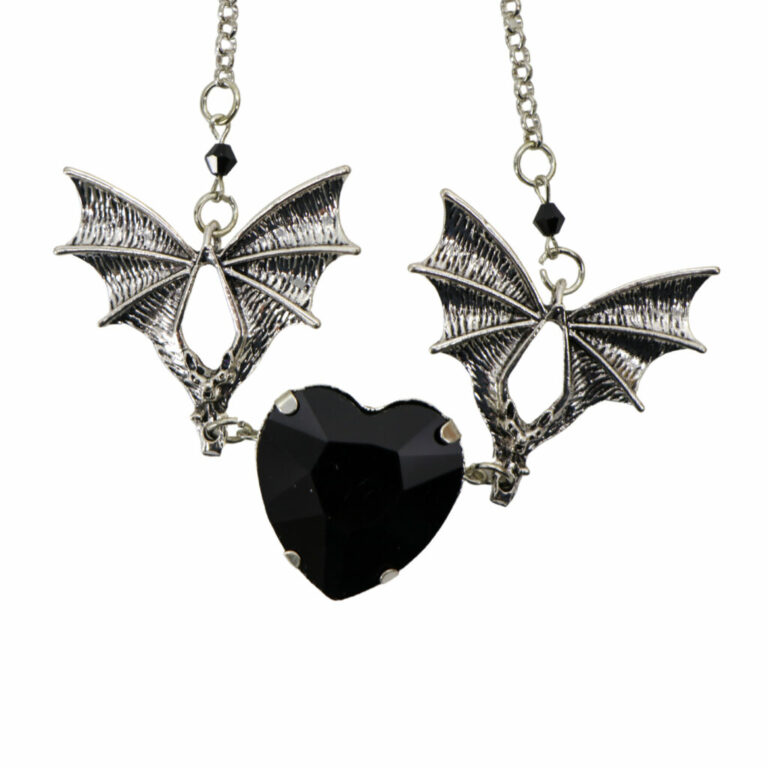 55474-BLK - Bat Necklace with Heart Stone-Black