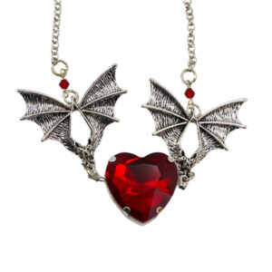 55474 - Bat Necklace with Heart Stone-Red