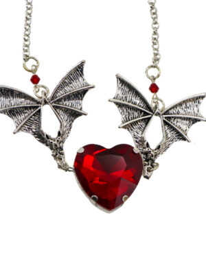 55474 - Bat Necklace with Heart Stone-Red