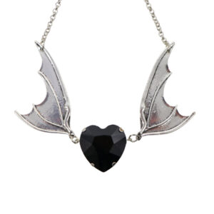 55475-BLK - Bat Wings with Heart Stone Necklace-Black