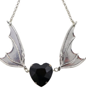 55475-BLK - Bat Wings with Heart Stone Necklace-Black