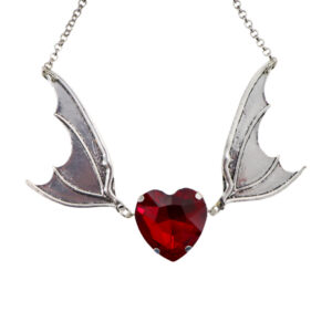 55475-RED - Bat Wings with Heart Stone Necklace-Red