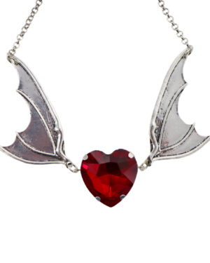 55475-RED - Bat Wings with Heart Stone Necklace-Red