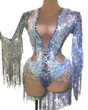 7152 - Deep V Neck Cutout Bodysuit with All Over Fringes