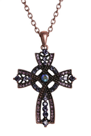 53281 - Twisted Rhinestone Cross with - Amethyst/Copper Chain