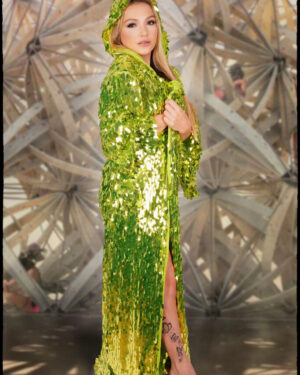 2547 - Green colored long Duster with Hood- o/s