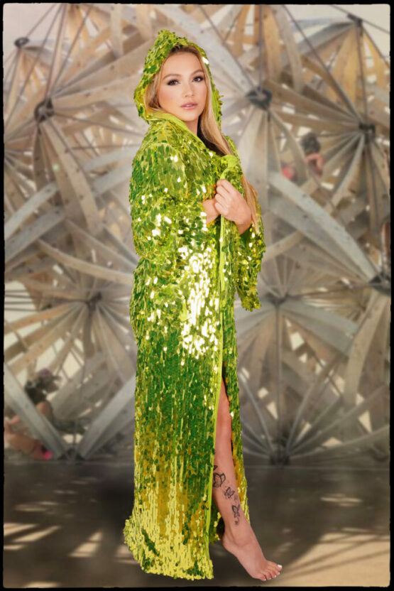 2547 - Green colored long Duster with Hood- o/s