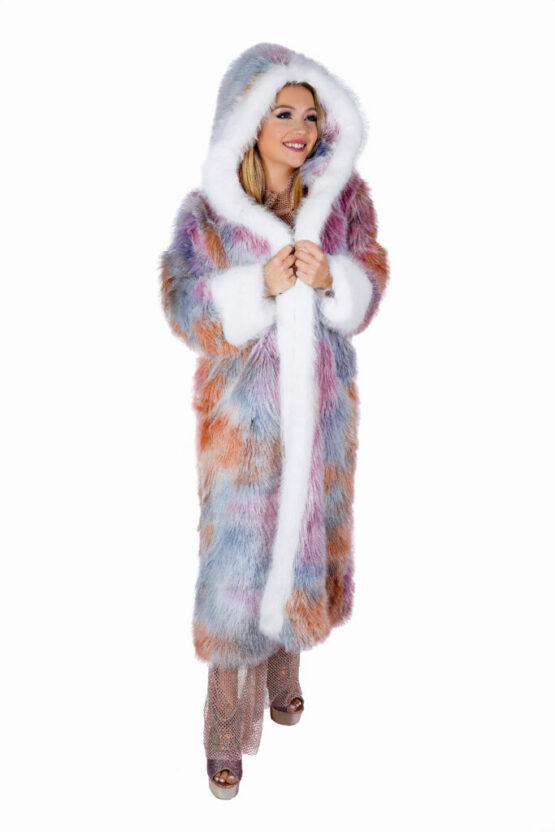 2630 - Faux Fur Colorful Long Jacket with Hood - Image 2