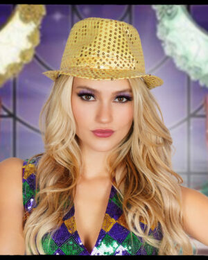 3819 - Sequin Fedora Hat - Gold