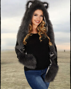 2635 - Faux Fur Ear Hooded Scarf with Front Pockets