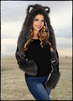 2635 - Faux Fur Ear Hooded Scarf with Front Pockets