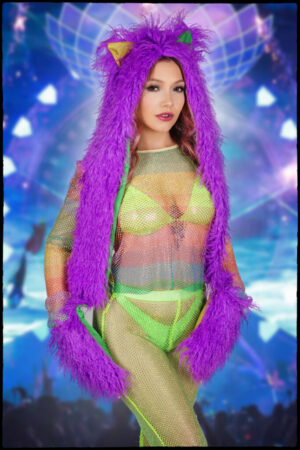 2635MDG - Faux Fur Ear Hooded Scarf with Front Pockets-Purple