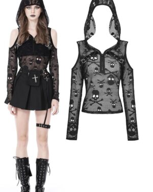 TW463 - Skull Cold Shoulder Hoodie Top