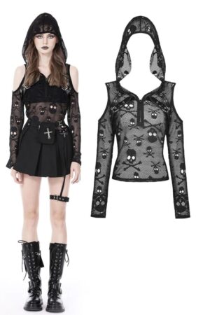 TW463 - Skull Cold Shoulder Hoodie Top