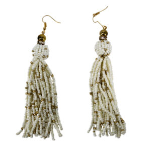 25020 - Fringe Beaded Tassel Earrings-Beige