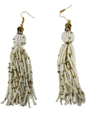 25020 - Fringe Beaded Tassel Earrings-Beige