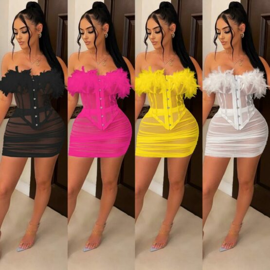 7510 - Corset Feather Top with Ruche Skirt - Image 7