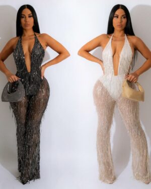 7512 - V Neck Jumpsuit with Sequin Mesh Pants-White-M