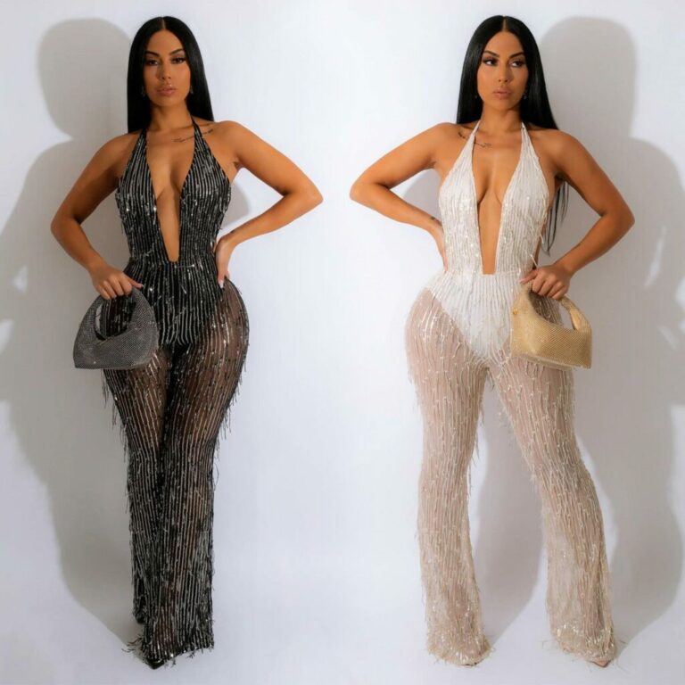 7512 - V Neck Jumpsuit with Sequin Mesh Pants-White-M