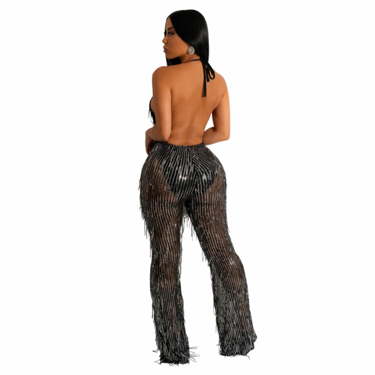 7512 - V Neck Jumpsuit with Sequin Mesh Pants-White-M - Image 3