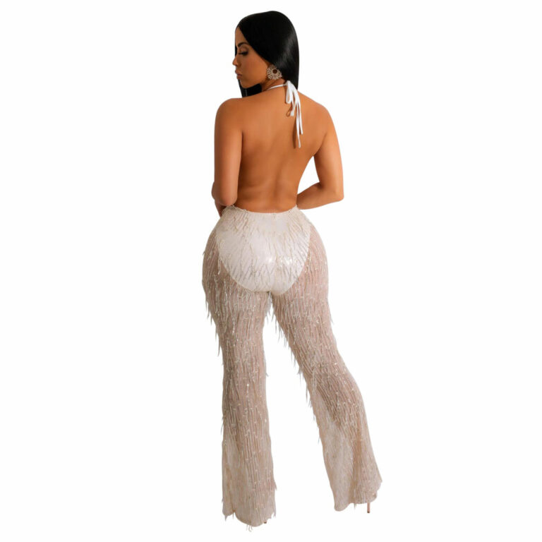 7512 - V Neck Jumpsuit with Sequin Mesh Pants-White-M - Image 5