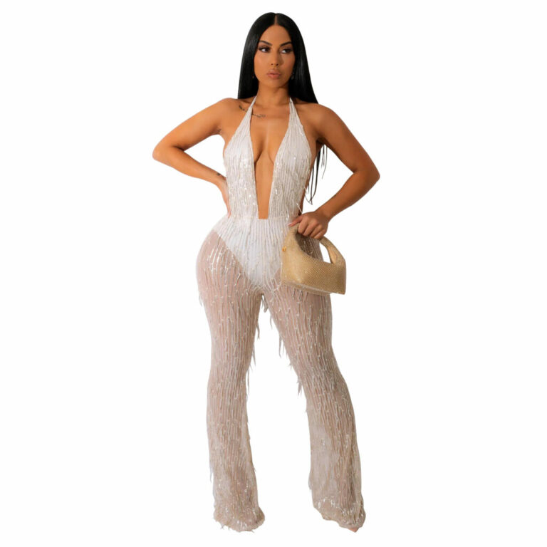 7512 - V Neck Jumpsuit with Sequin Mesh Pants-White-M - Image 4
