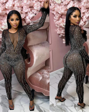 7513 - Deep V Neck Long Sleeve Jumpsuit