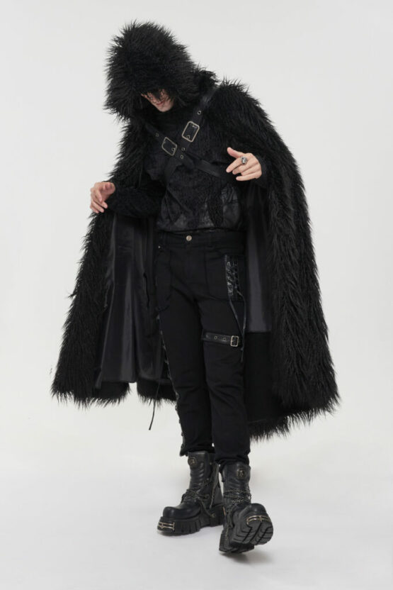CA032 - Gothic Black Fur Long Hooded Cape - Image 2