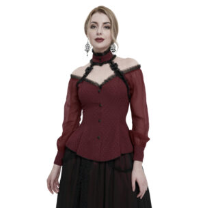 SHT9502 - Burgundy Victorian High Neck Off Shoulder Chiffon Top