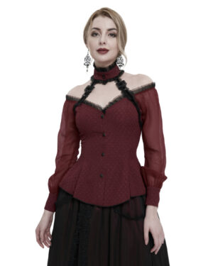 SHT9502 - Burgundy Victorian High Neck Off Shoulder Chiffon Top