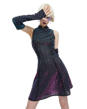 SKT151 - Purple Holographic Futuristic Dress with Detached Sleeves