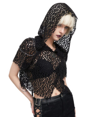 TT189 - Crop Fishnet Hooded Knit shirt