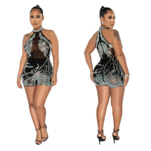 7521 - Halter top Romper with Rhinestones