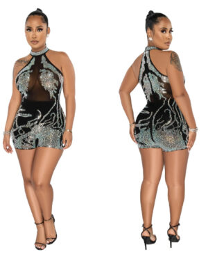 7521 - Halter top Romper with Rhinestones