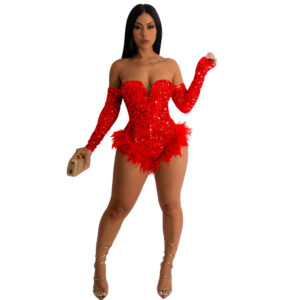 7517 - Off Shoulder Sequin Bodysuit with Fur Trim