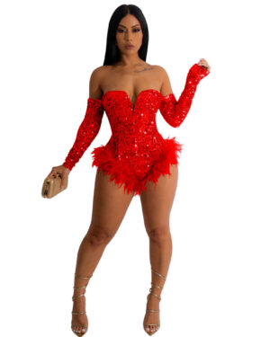 7517 - Off Shoulder Sequin Bodysuit with Fur Trim
