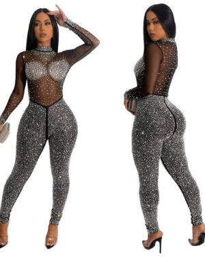 7522 - Rhinestone Mock Neck Jumpsuit