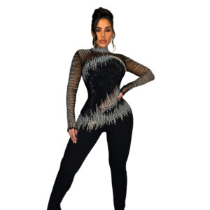 7523 - Mock Neck Fringe Rhinestone Jumpsuit