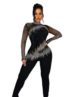 7523 - Mock Neck Fringe Rhinestone Jumpsuit