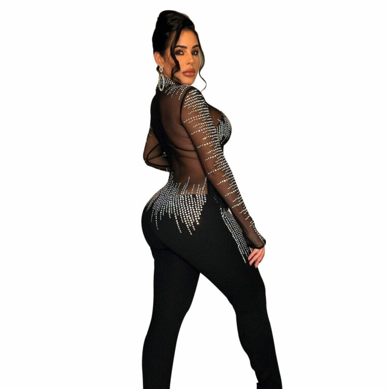 7523 - Mock Neck Fringe Rhinestone Jumpsuit - Image 2