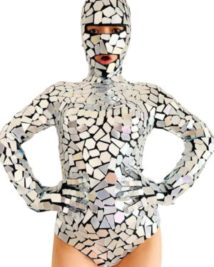 7886 - Reflective Geometric Pattern Bodysuit with Face Mask