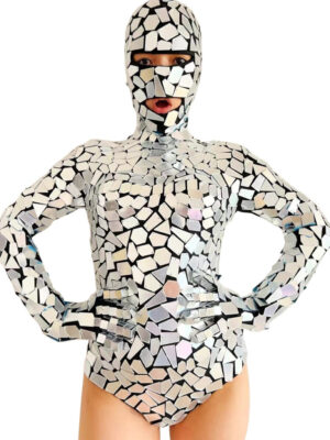 7886 - Reflective Geometric Pattern Bodysuit with Face Mask