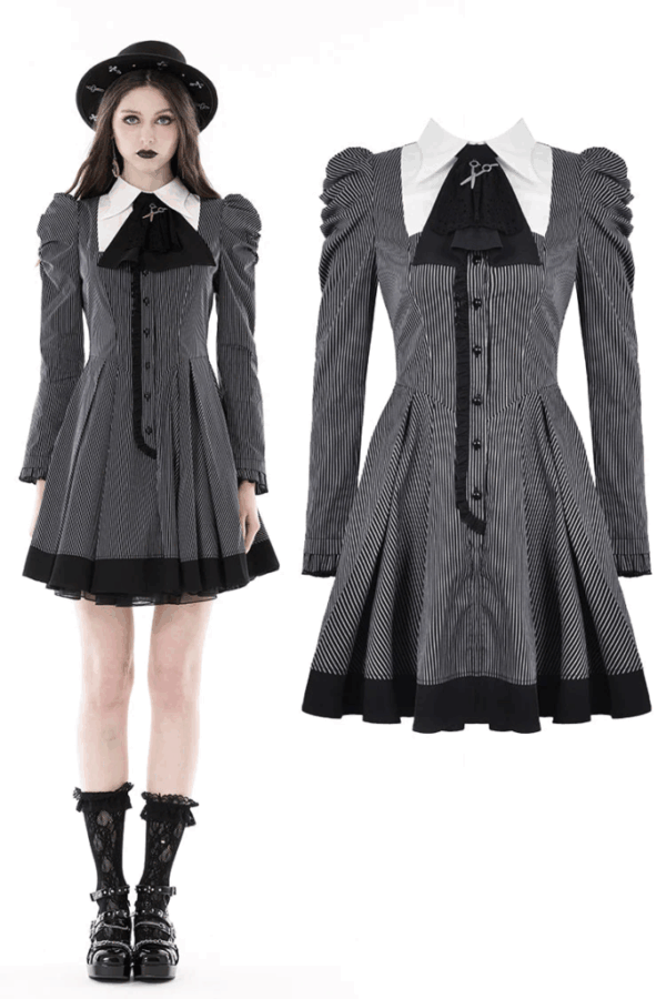 DW845 - Black and white stripe preppy style dress