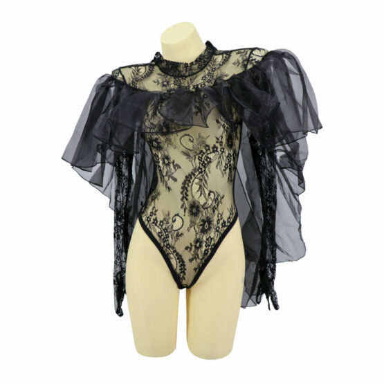 7403 - Black Ruffle Cape Mesh Bodysuit - Image 4