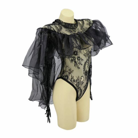 7403 - Black Ruffle Cape Mesh Bodysuit - Image 5