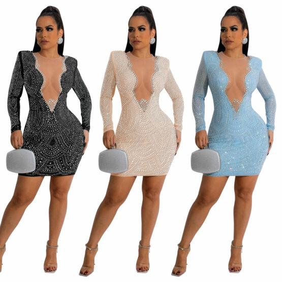 7519 - Scallop Deep V Neck Mesh Opening Long Sleeve Rhinestone dress-Beige - Image 7