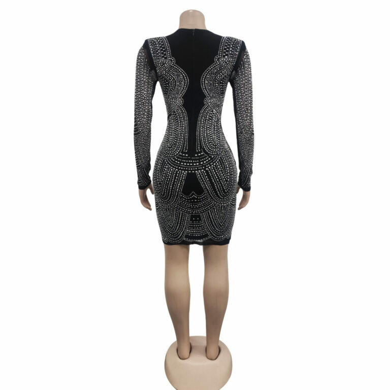7519 - Scallop Deep V Neck Mesh Opening Long Sleeve Rhinestone dress-Beige - Image 5